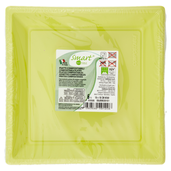 Smart Ecotable Piatti Compostabili Kiwi 18x18 cm 6 pz