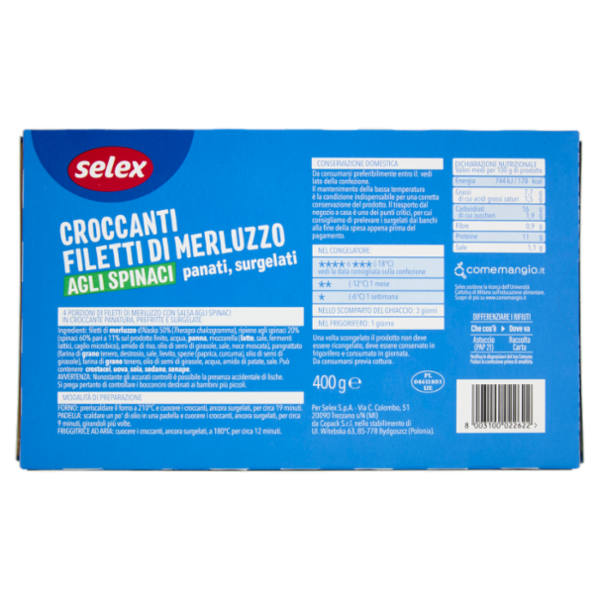Selex Filetti di Merluzzo agli Spinaci in Croccante Panatura Surgelati 4x100 g