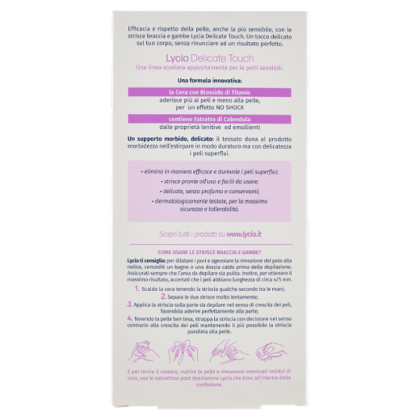 Lycia delicate touch strisce depilatorie Braccia & Gambe Pelli Sensibili 20 strisce + 2 salviettine