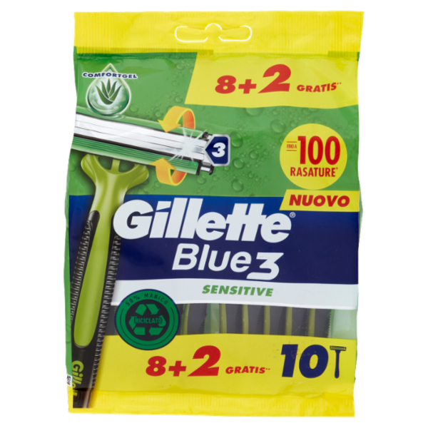 Gillette Rasoio Uomo Blue3 Sensitive Usa e Getta a 3 Lame, Confezione da 8 rasoi+2 Gratis = 10 Rasoi
