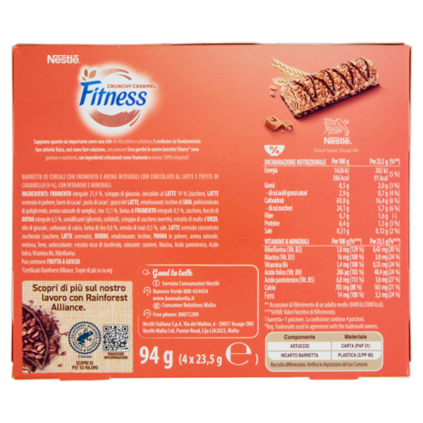 FITNESS Crunchy Caramel Barrette Cereali Integrali con Cioccolato e Caramello 4 pezzi da 23,5g