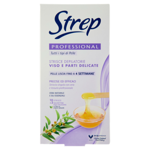 Strep Professional Strisce Depilatorie Viso e Parti Delicate 10 Strisce + 3 Salviettine