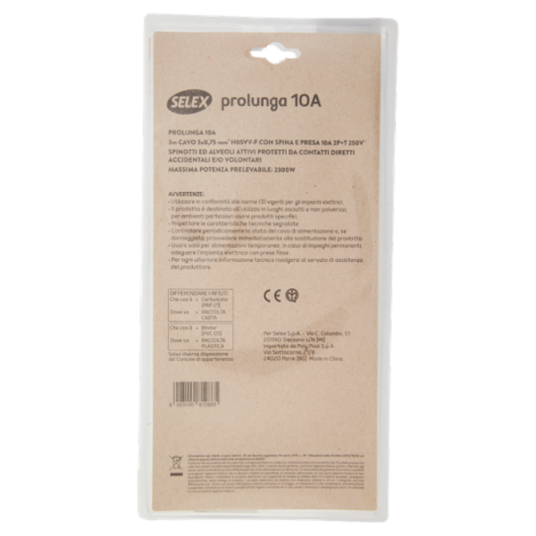 Selex Prolunga Spina 10A + Presa 10A(Ita) Bianco 3 m
