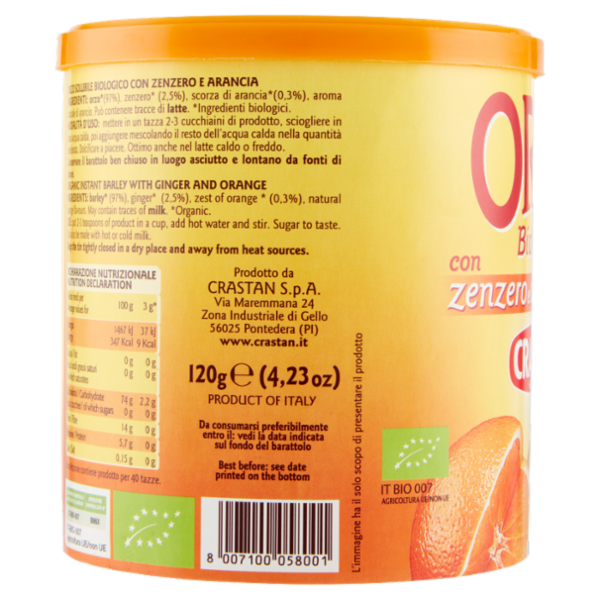 Crastan Bio Orzo Biologico con zenzero e arancia 120 g