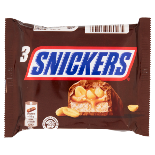 Snickers Snack al cioccolato, caramello e arachidi tostate, 3 Barrette x 50g
