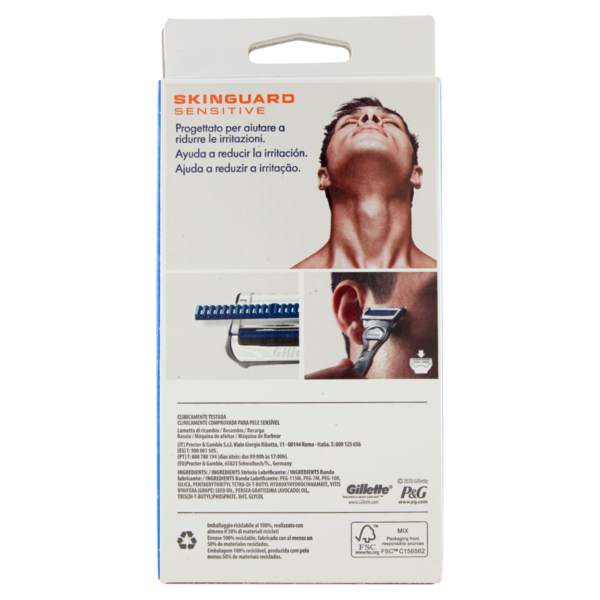 Gillette Rasoio da Uomo SkinGuard Sensitive con Aloe Manico + Lamette di Ricambio, 2 Ricariche
