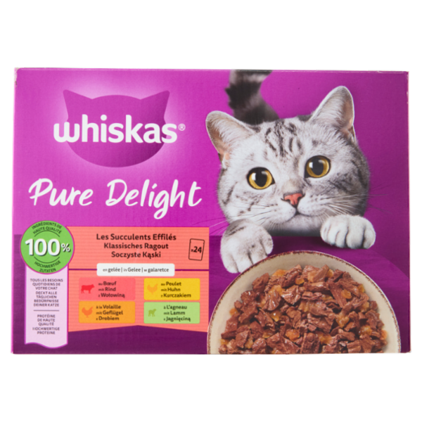 Whiskas Pure Delight Succulenti Straccetti in Gelatina con Manzo, Pollo, Pollame, Agnello 24x85g
