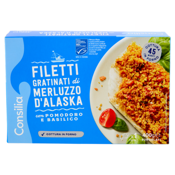Consilia Filetti di Merluzzo D'Alaska Gratinati con Pomodoro e Basilico Surgelati 400 g
