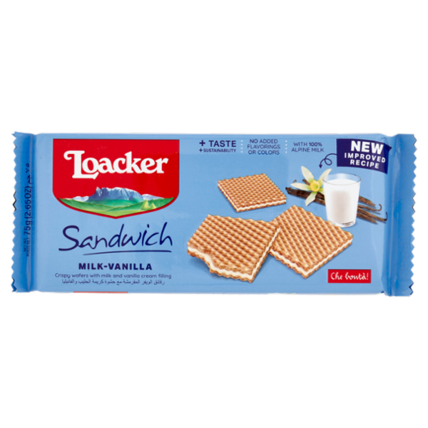 Loacker Wafer Sandwich Milk-Vanilla con crema al latte alpino e vaniglia Bourbon wafers 75g