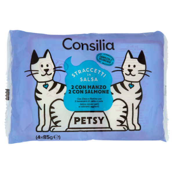 Consilia Petsy Gatto Straccetti in Salsa 2 con Manzo e 2 con Salmone 4x85 g