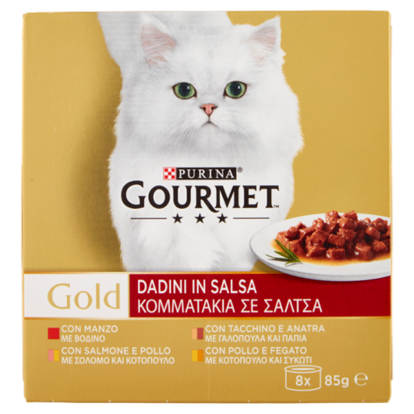 PURINA GOURMET Gold Dadini in Salsa Manzo/Salmone & Pollo/Tacchino & Anatra/Pollo & Fegato 8 x 85 g