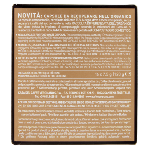 Caffè Vergnano 1882 Oro Compostabile** Capsule Compatibili Lavazza a Modo Mio* 16 x 7,5 g