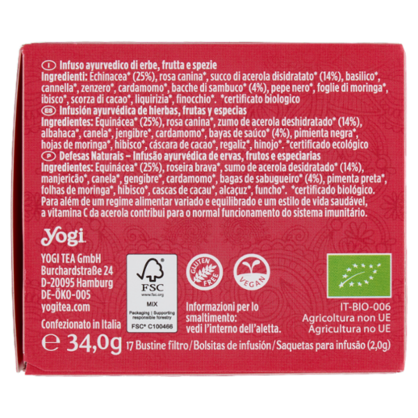 Yogi Tea Difesa Naturale Bio infuso ayurvedico di erbe con echinacea, acerola e sambuco - 34g