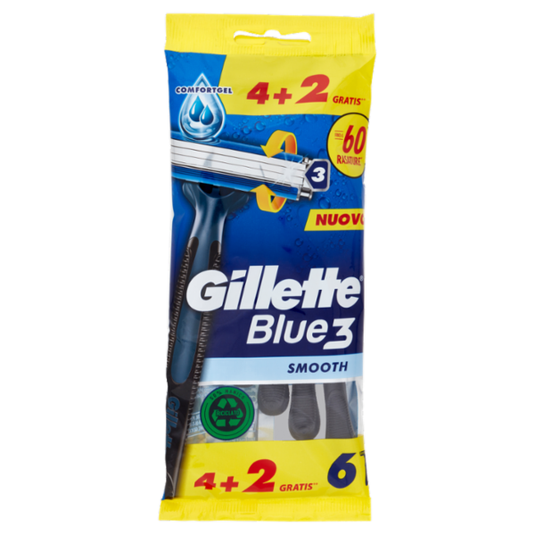 Gillette Rasoio Uomo Blue3 Smooth Usa e Getta a 3 Lame, Confezione da 4 rasoi+2 Gratis = 6 Rasoi