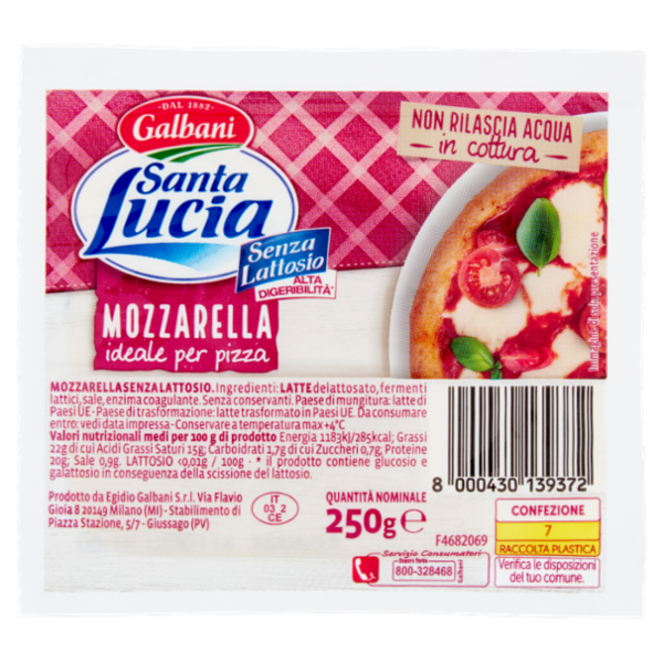 Galbani Santa Lucia Mozzarella ideale per pizza Senza Lattosio 250 g
