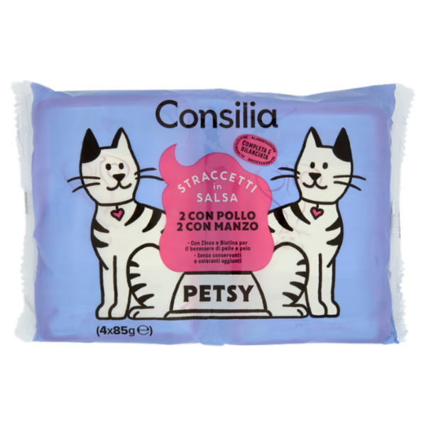 Consilia Petsy Gatto Straccetti in Salsa 2 con Pollo e 2 con Manzo 4x85 g