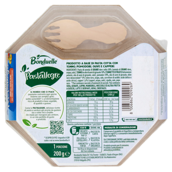 Bonduelle Pastallegre Anelli Siciliani con Tonno, Pomodorini, Olive e Capperi 200 g
