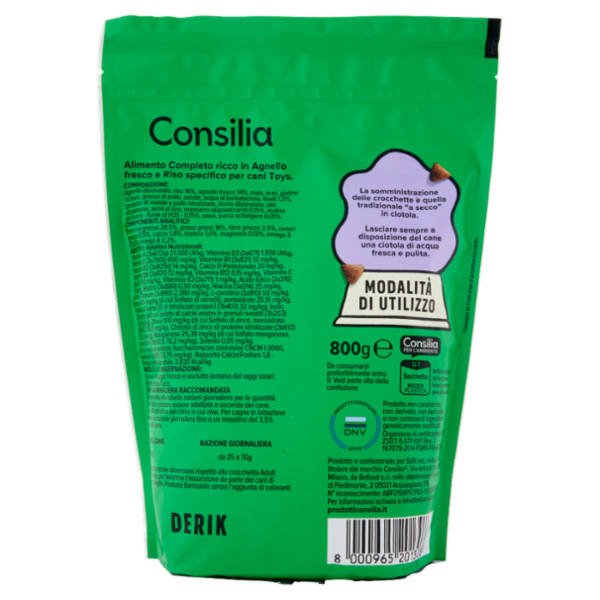 Consilia Derik Cane Adulto di Taglia Toys Crocchette con Agnello Fresco e Riso 800 g