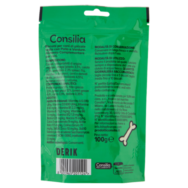 Consilia Derik Cane di Taglia Piccola Biscotti con Pollo e Verdure 100 g