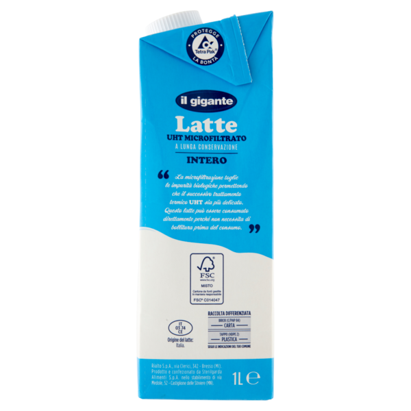 IL GIGANTE Latte UHT Microfiltrato a Lunga Conservazione Intero 1 L