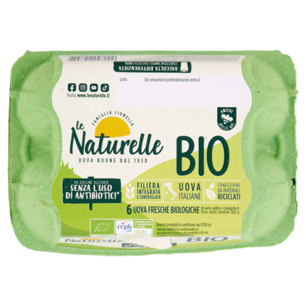 le Naturelle Bio 6 Uova Fresche Biologiche da Galline Allevate Senza l'Uso di Antibiotici* 300 g