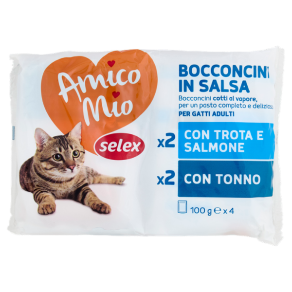 Selex Amico Mio Gatto Bocconcini in Salsa 2 con Trota e Salmone e 2 con Tonno 4x100 g
