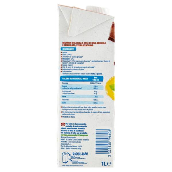 BJORG Riso Cioccolato e Nocciola Bevanda Vegetale Bio, Senza Glutine, Prodotto in Italia, 1L