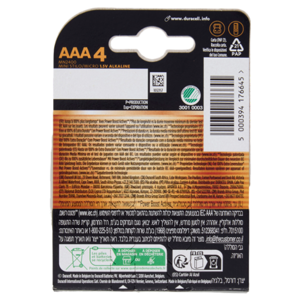 Duracell Plus AAA 4 Mini Stilo / Micro Alcalina 1.5V MN2400 4 pz