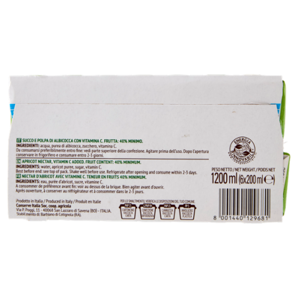 Valfrutta Albicocca Italiana Succo e polpa di frutta 6 x 200 ml