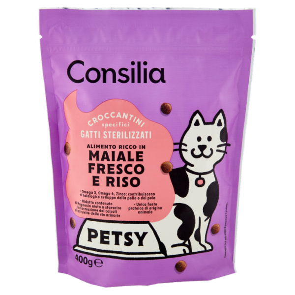 Consilia Petsy Gatto Sterilizzato Croccantini con Maiale Fresco e Riso 400 g