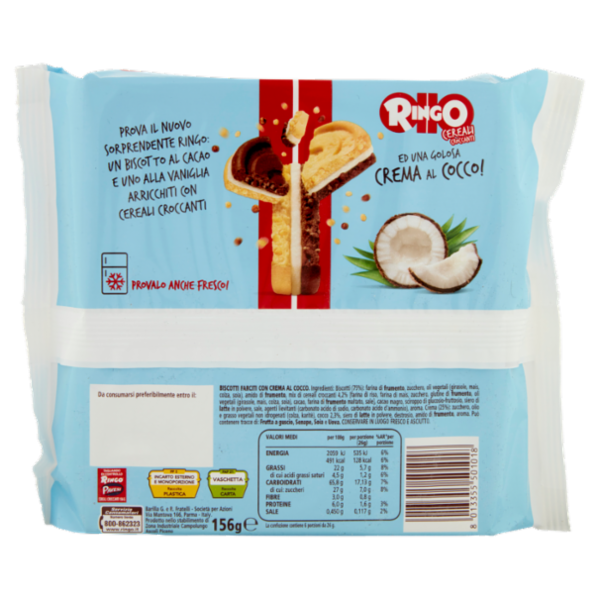 Ringo Cereali Croccanti Biscotti Farciti con Crema al Cocco Snack Merenda 156g