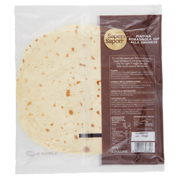 Selex Saper di Sapori Piadine Fresche Romagnole I.G.P. alla Riminese 3x120 g