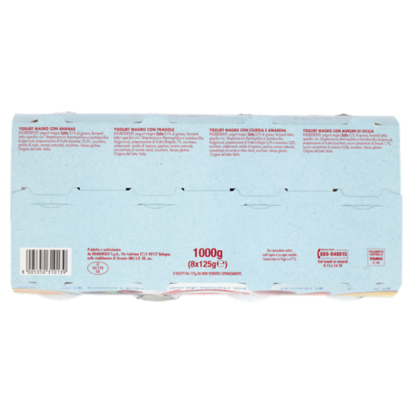 Yomo Yogurt Zero% Grassi Ananas, Fragole, Ciliegie e Amarene, Agrumi di Sicilia 8 x 125 g