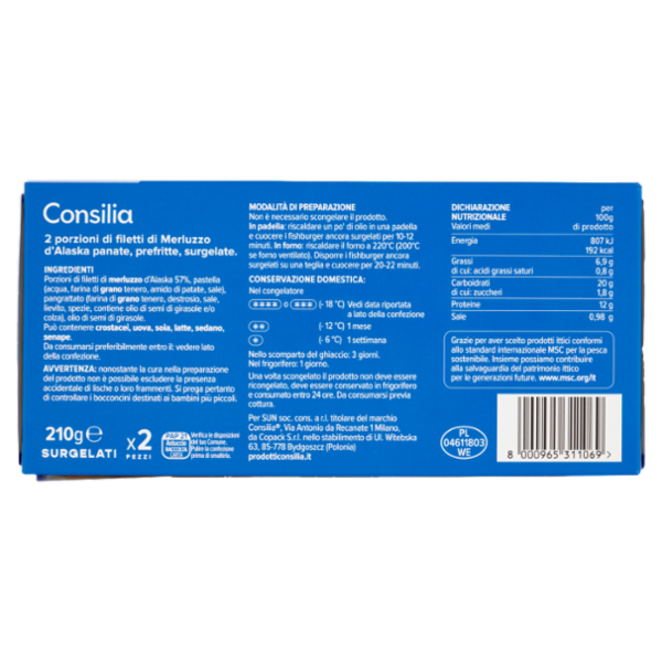 Consilia Fish Burger di Merluzzo D'Alaska Panati Surgelati 2x105 g