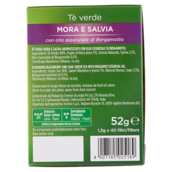 Everton Tè verde Mora e Salvia Filtri 40 x 1,3 g