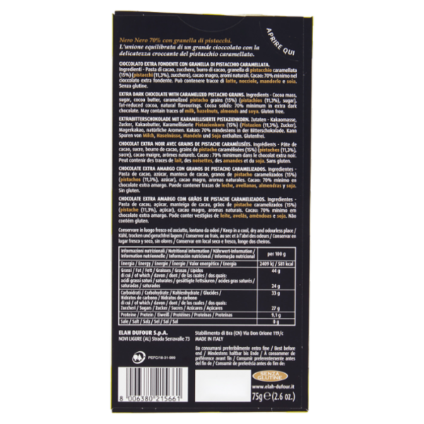 Novi NeroNero 70% Cacao Pistacchio 75 g