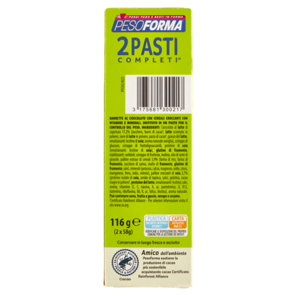 Pesoforma Barrette 2 Pasti, sostitutive del pasto, gusto Choco Crispy, 212 kcal a pasto, 2 x 58g