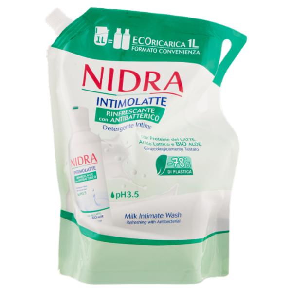 Nidra Intimolatte Rinfrescante con Antibatterico Detergente Intimo pH 3.5 Ecoricarica 1 L
