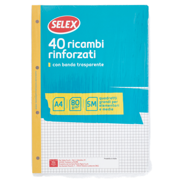 Selex Ricambio Bianco Quaxima Formato A4 40 Fogli Rinforzati 80 g Quadretti 5 mm