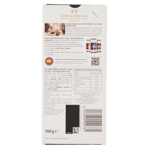 Lindt Excellence Fusion Tav 2 strati cioccolato fondente 85% fior di sale e cioccolato al latte 100g
