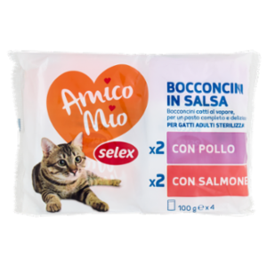 Selex Amico Mio Gatto Sterilizzato Bocconcini In Salsa 2 Con Pollo e 2 Con Salmone 4x100 g