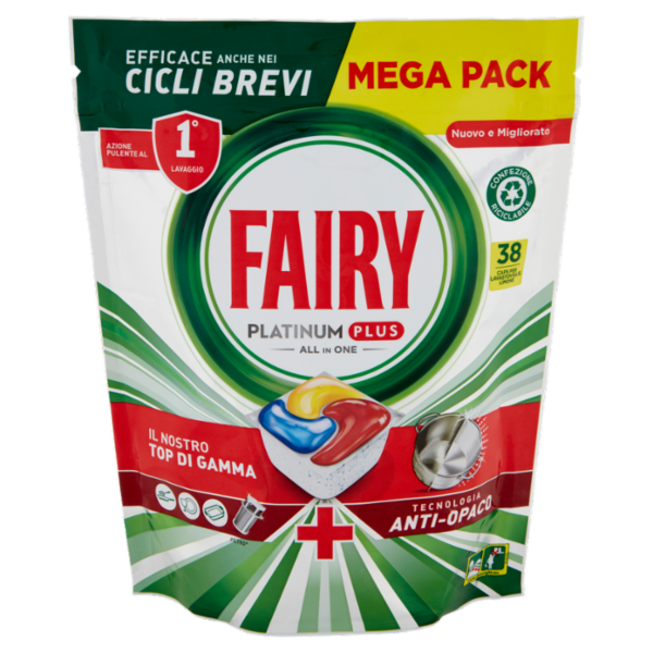 Fairy Pastiglie Lavastoviglie Platinum Plus Anti-Opaco, Detersivo Piatti Limone, 38 Capsule 589 g