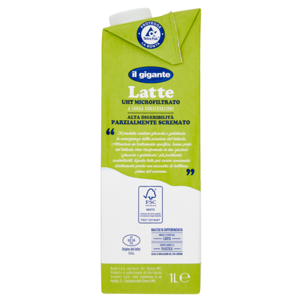 IL GIGANTE Latte UHT Microfiltrato a Lunga Conservazione Alta Digeribilità Senza Lattosio 1 L
