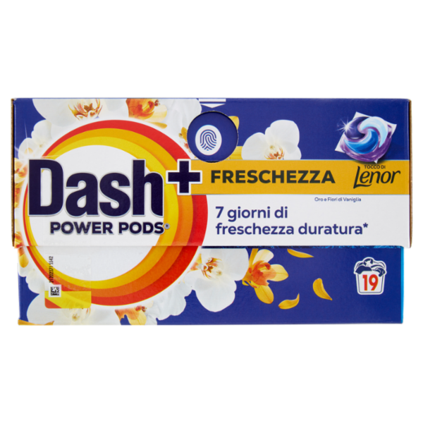 Dash Power Pods Detersivo Lavatrice Capsule + Tocco Lenor Oro e Fiori di Vaniglia, 19 Lavaggi 440,8g
