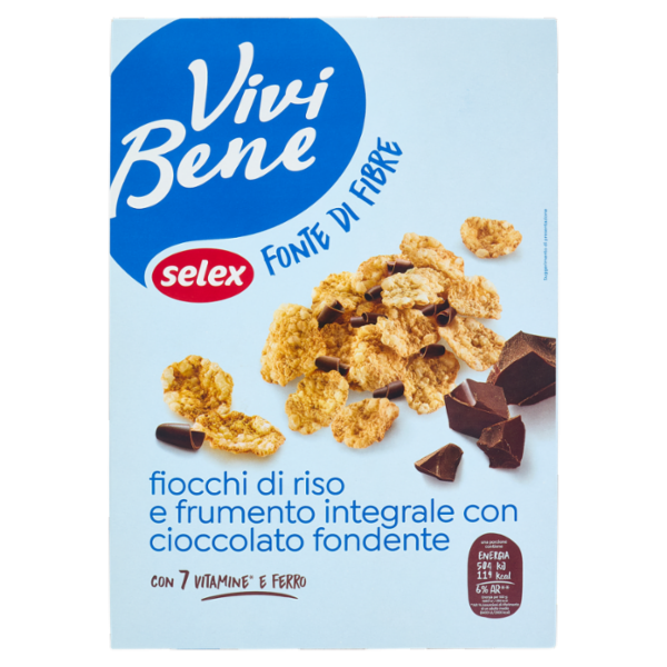 Selex Vivi Bene Fiocchi di Riso e Frumento Integrale con Riccioli di Cioccolato Fondente 300 g