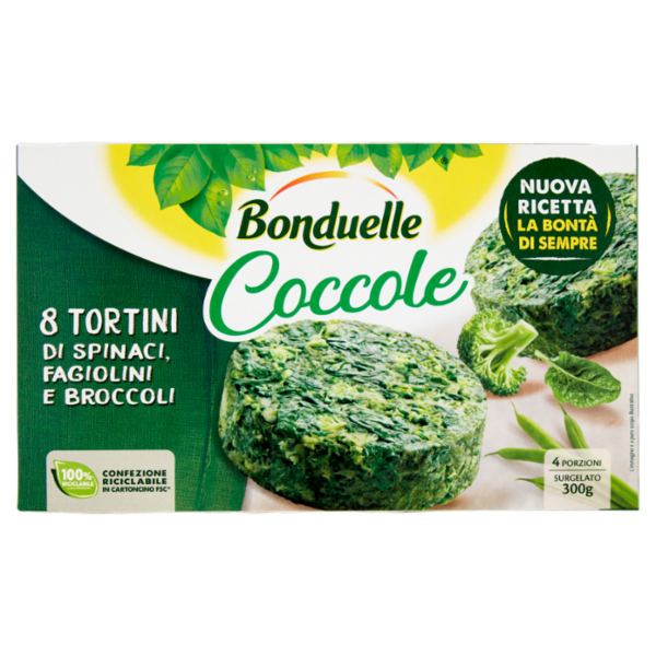 Bonduelle Coccole 8 Tortini di Spinaci, Fagiolini e Broccoli Surgelato 300 g