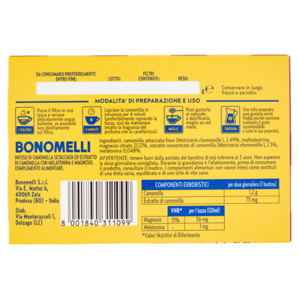 Bonomelli Camomilla in Filtri con Melatonina e con Magnesio Setacciata in Filtri 14 filtri 35 g