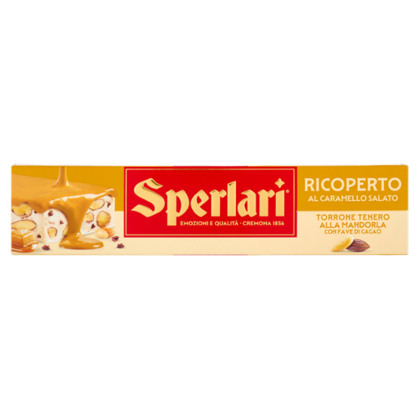 Sperlari Ricoperto al Caramello Salato Torrone Tenero alla Mandorla con Fave di Cacao 200 g
