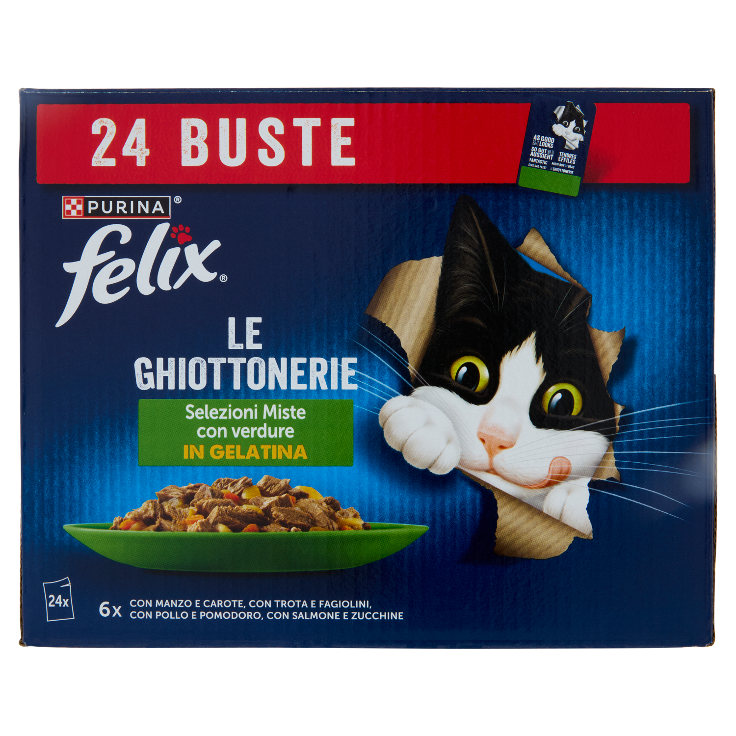 FELIX Le Ghiottonerie Selezioni Miste Con Verdure In Gelatina Manzo, Trota, Pollo, Salmone 24x85g