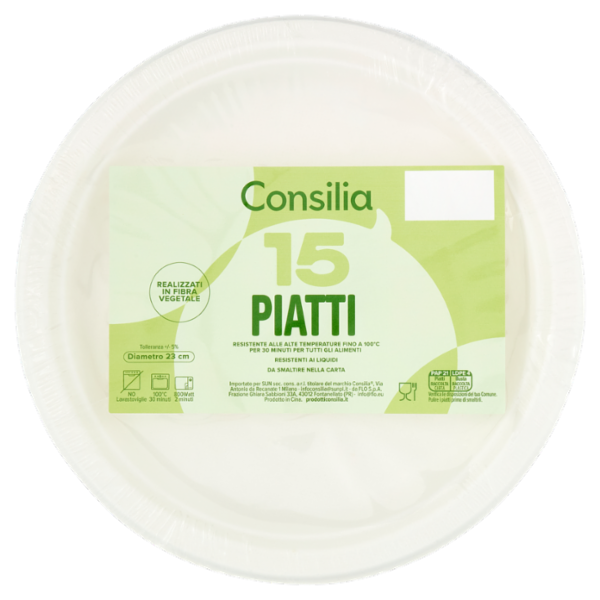 Consilia Piatti Piani in Fibra Vegetale Biodegradabili Compostabili 23 cm 15 pezzi